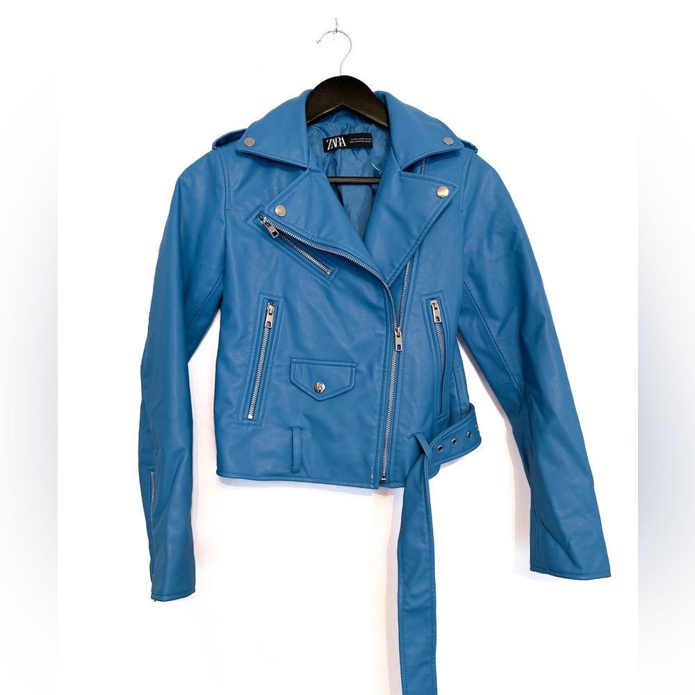 ZARA Faux Leather Blue Moto Jacket XS Biker Blogger Favorite TikTok Style - Picture 3 of 15